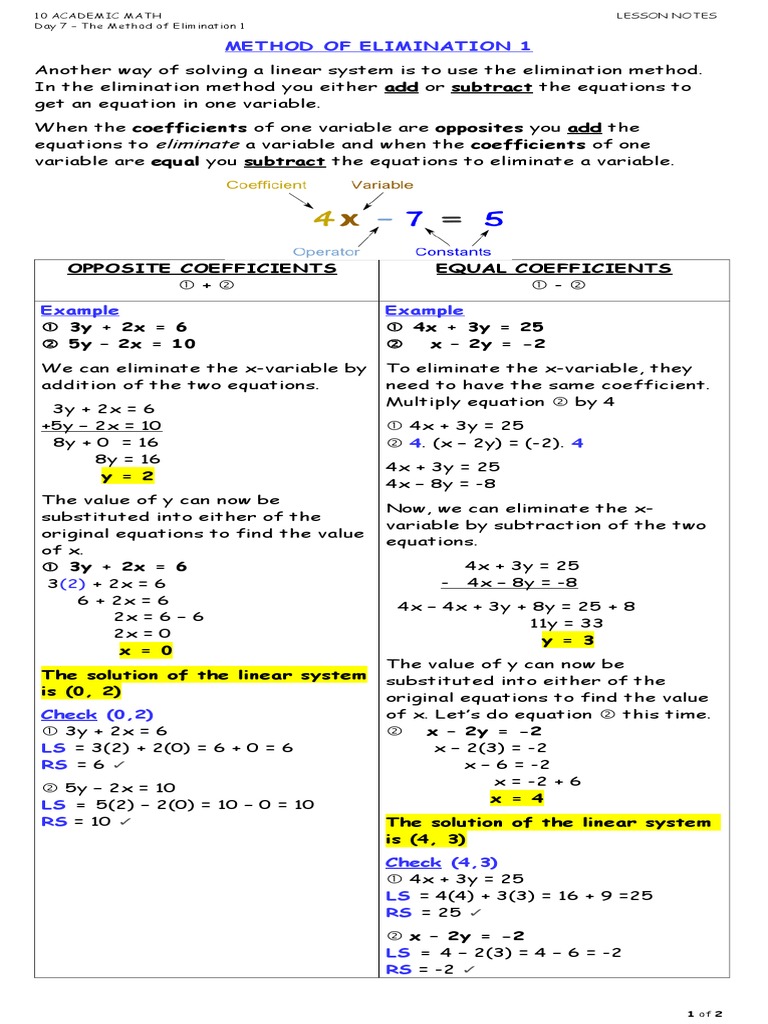 Elimination Method for Students | PDF | System Of Linear Equations ...
