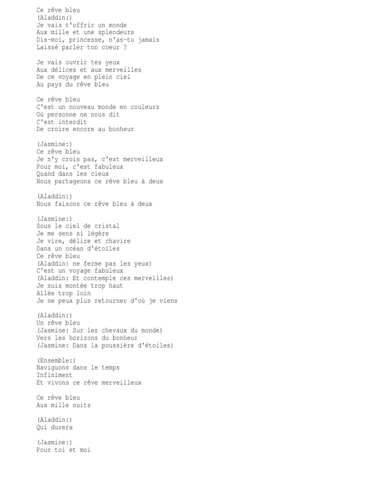 Aladdin Ce Rêve Bleu Paroles Français