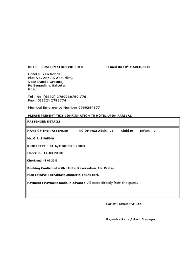 Hotel Confirmation Voucher Template Word
