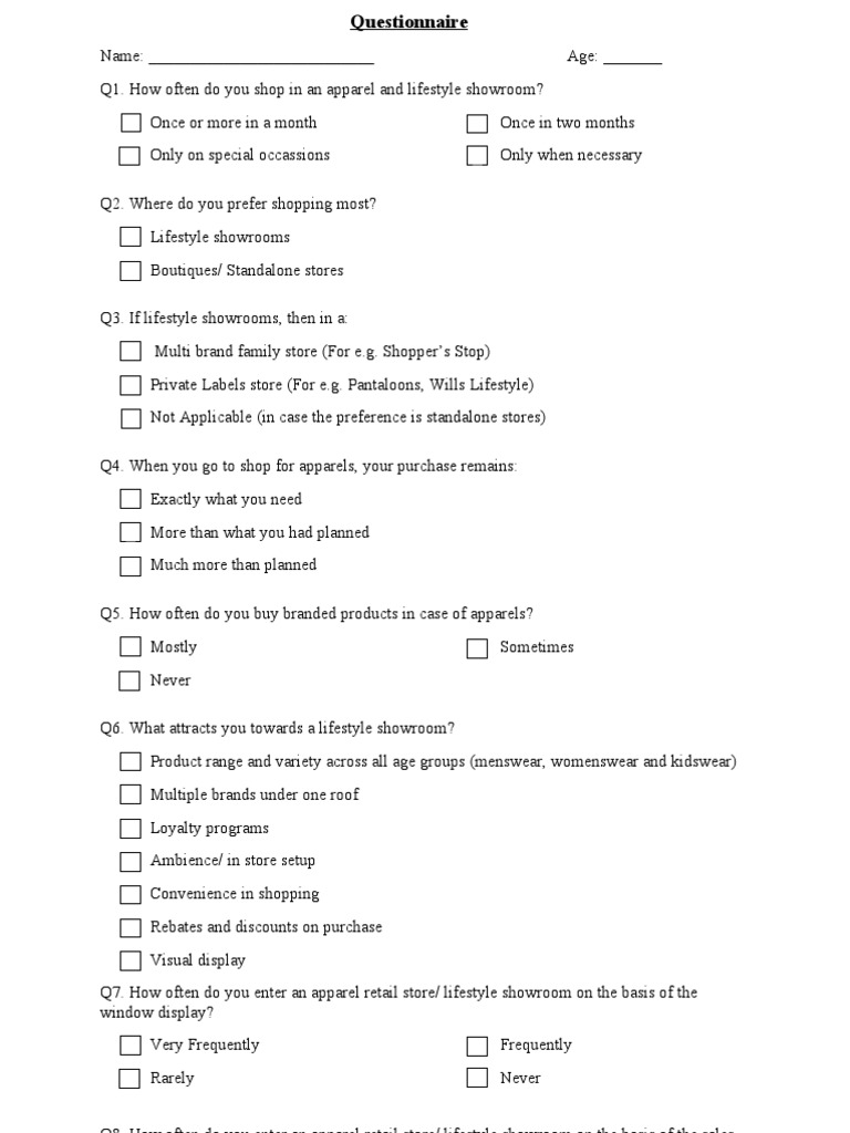 Questionnaire Apparel Final Retail Brand