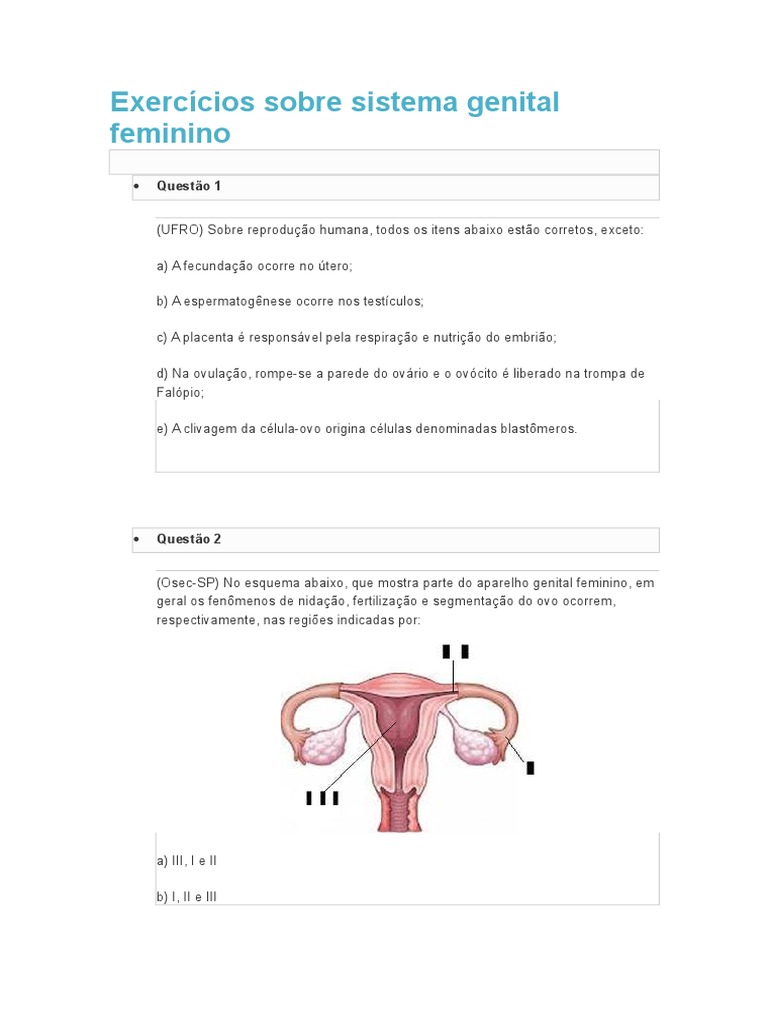 Exercícios Sobre Sistema Genital Feminino