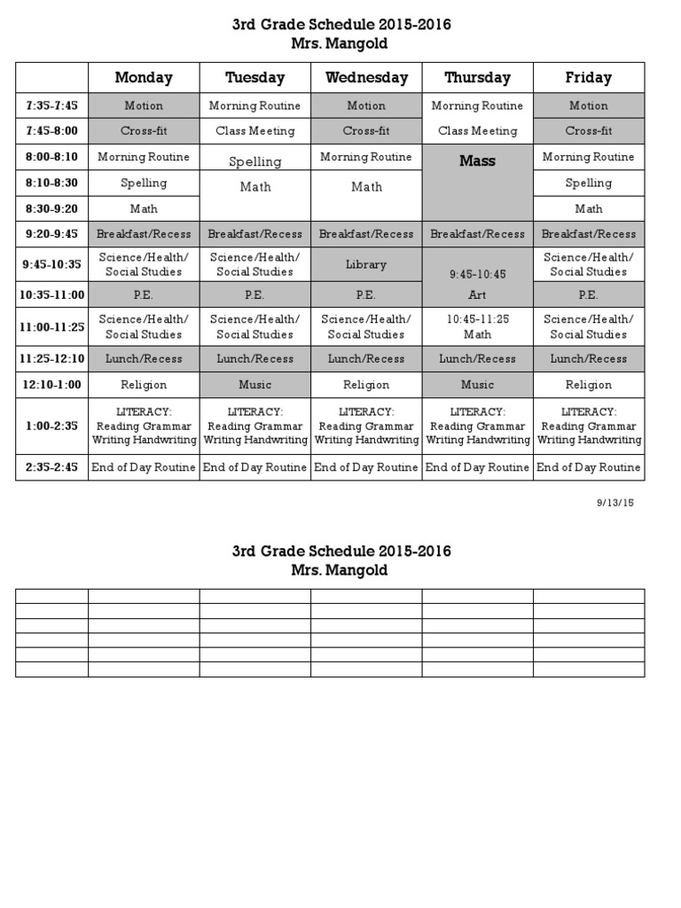 3rd Grade Class Schedule 2015-2016 | PDF