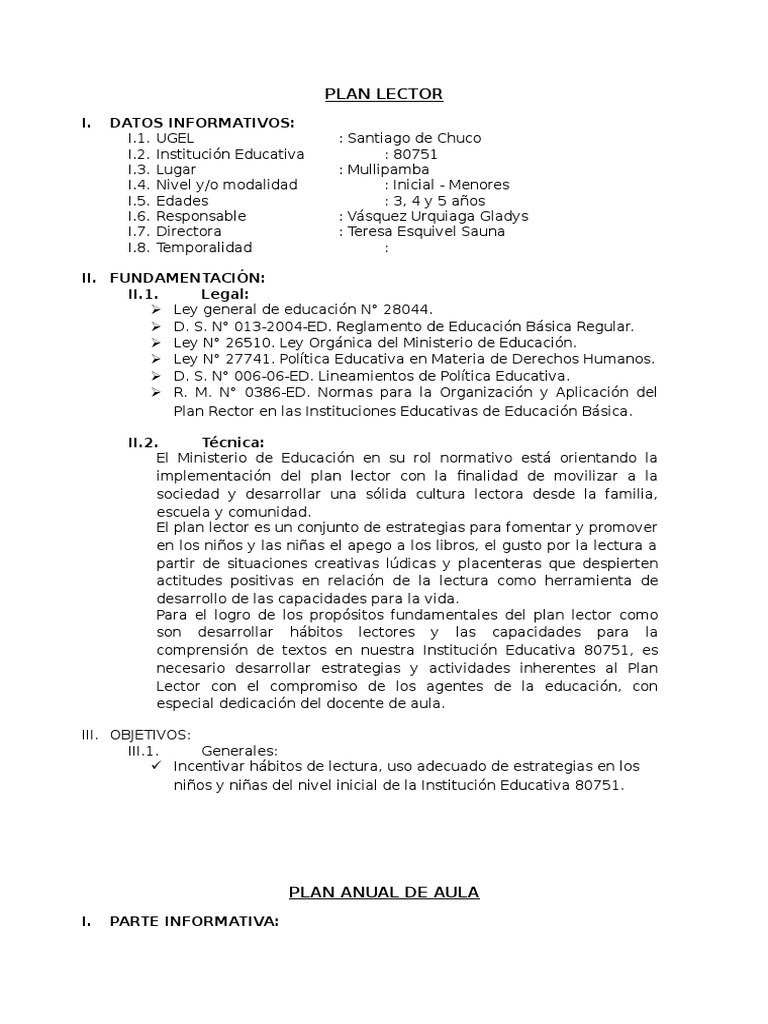 Plan Lector | PDF | Salón de clases | Educación primaria