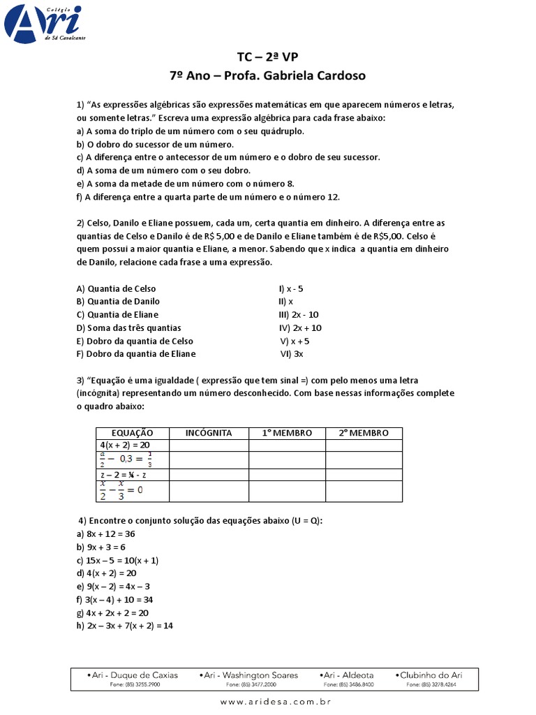 Exercícios de Expressões Algébricas 7º Ano | PDF | Métodos e Materiais ...