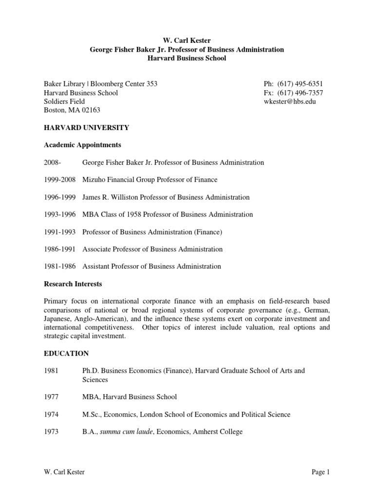 W. Carl Kester: HBS Finance Faculty Profile | PDF | Master Of Business ...