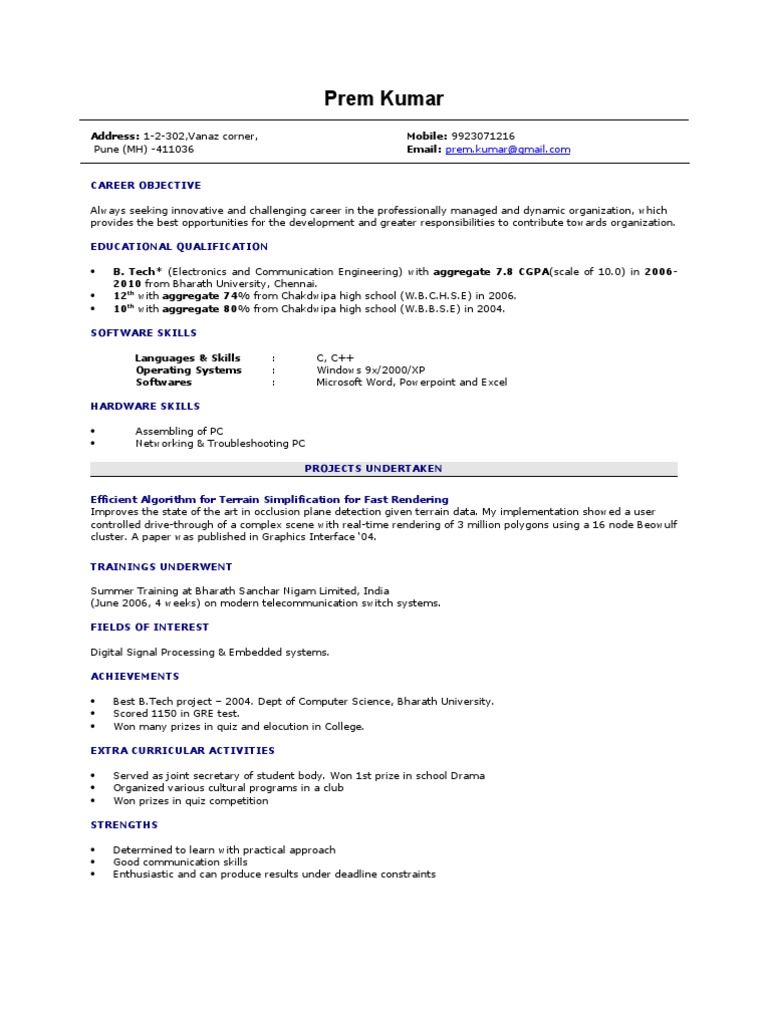 Resume Resume Of Computer Science Engineering Student fresher resume sample
