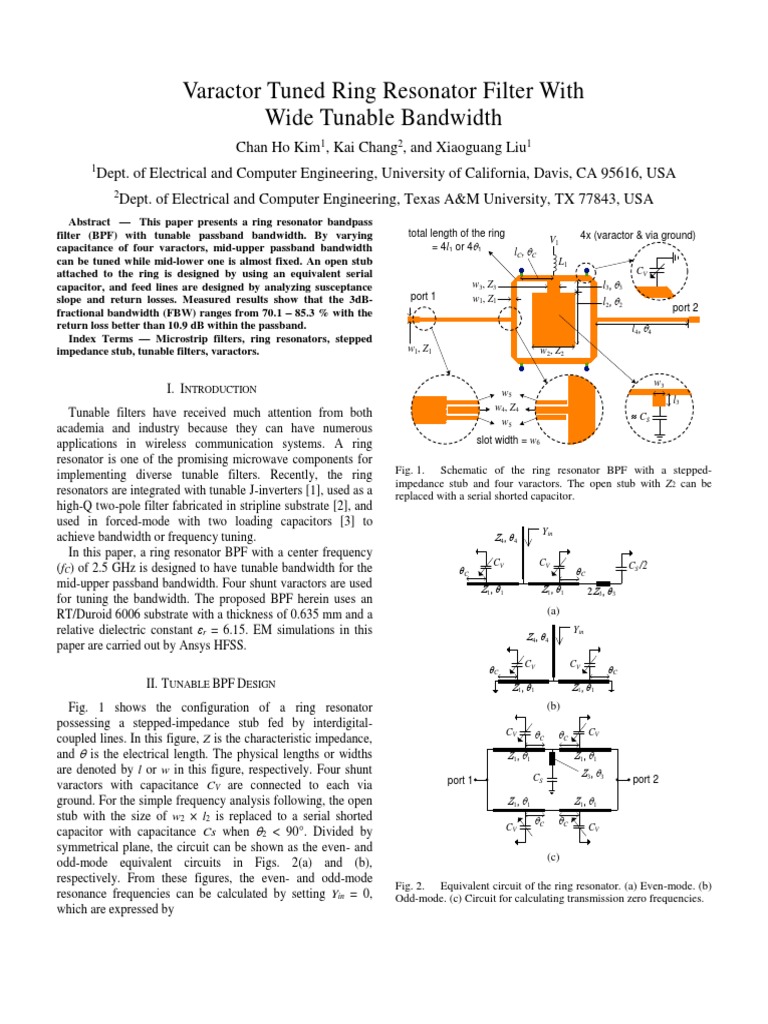 Varactor Tuned Ring Resonator Filter With Wide Tunable Bandwidth PDF
