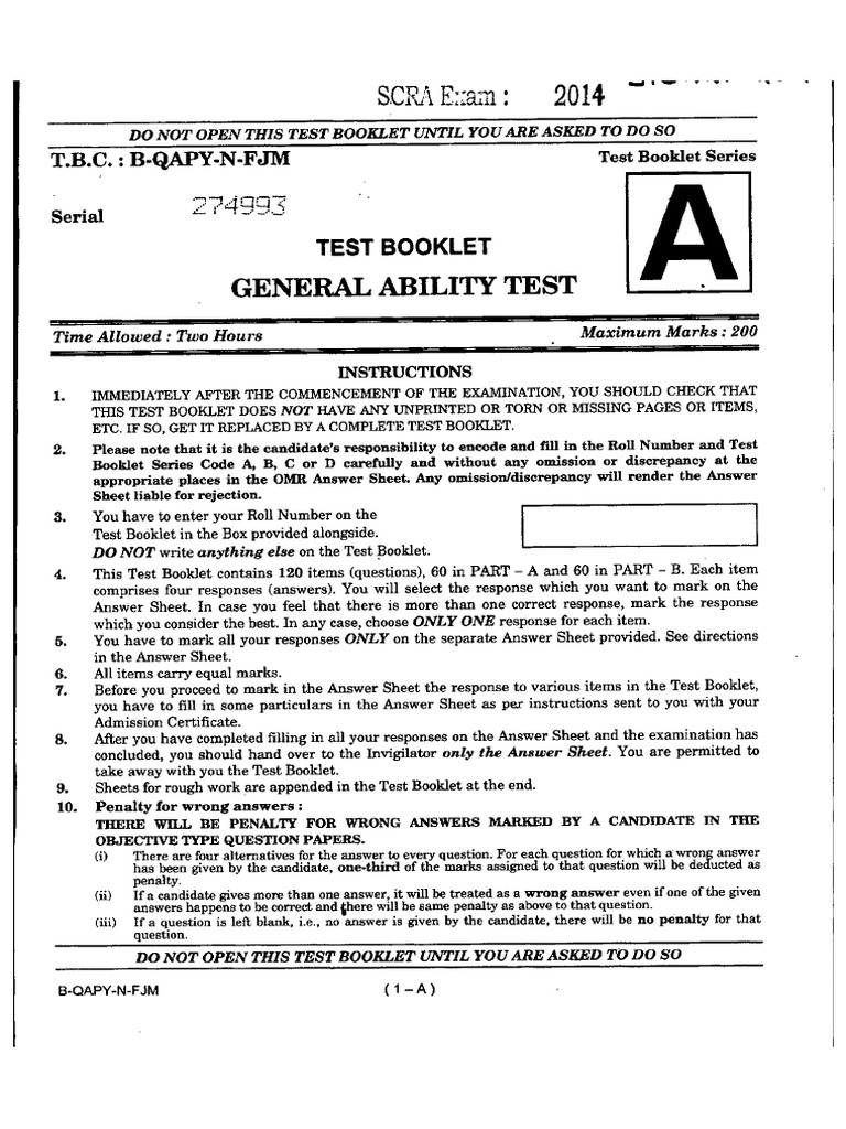 SCRA General Ability Test 2014 | PDF