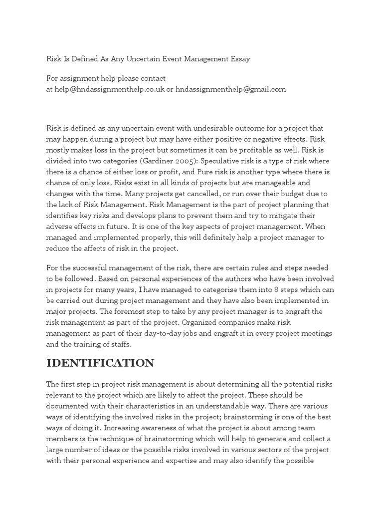 Risk Is Defined As Any Uncertain Event Management Essay PDF Risk
