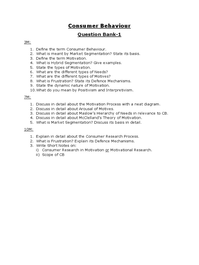 Consumer Behaviour: Question Bank-1 | PDF