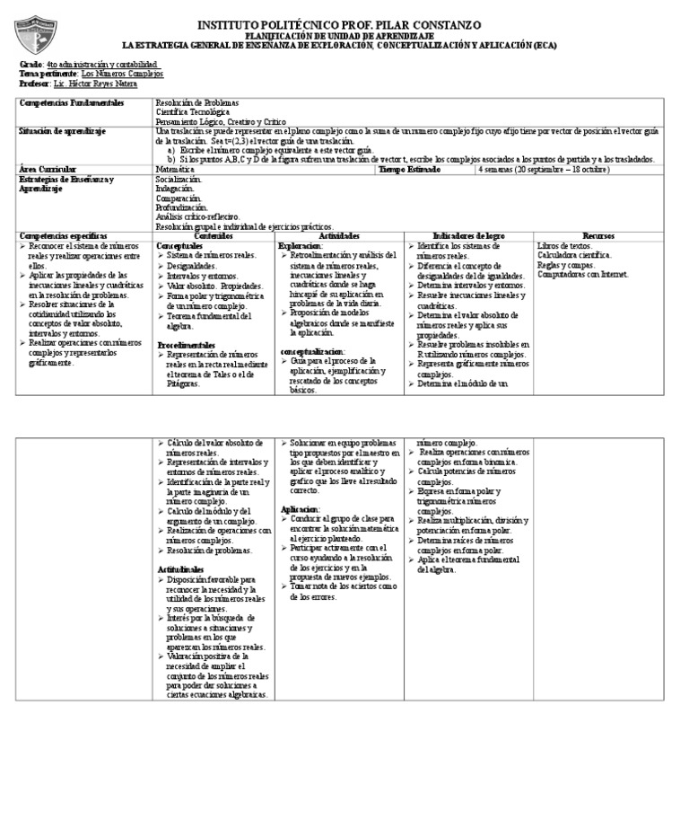 1 Planificacion 2da Unidad De Aprendizaje 4to Numero Complejo