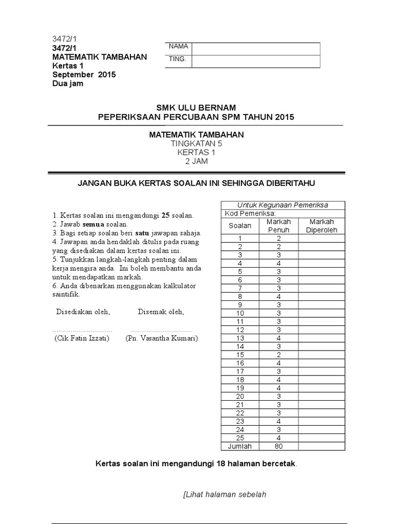 Soalan Percubaan Matematik Tambahan Kertas 1 SPM 2015