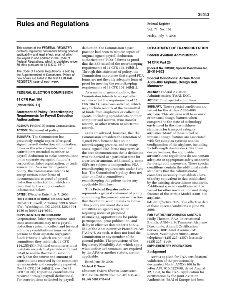 Rule Reports by Political Committees Payroll Deduction Authorizations