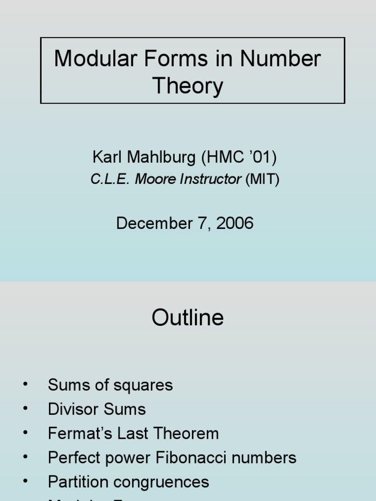 Modular Forms in Number Theory: Karl Mahlburg (HMC '01) | PDF ...