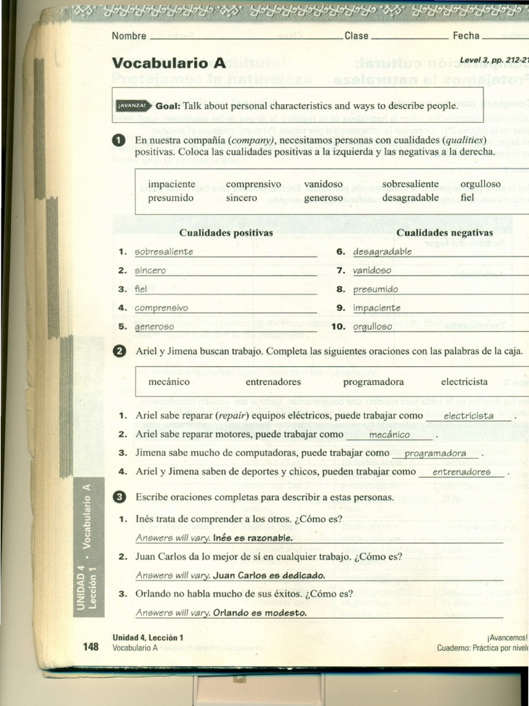 Unidad 4 Leccion 1 Answer Key / Unidad 1, LeccioÌ n 1.pdf at Ladue