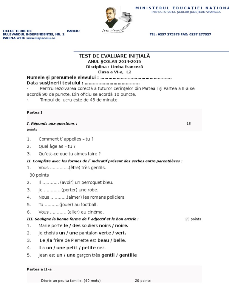 Test initial de franceză, clasa 6 | PDF | Sciences cognitives | Sémiotique
