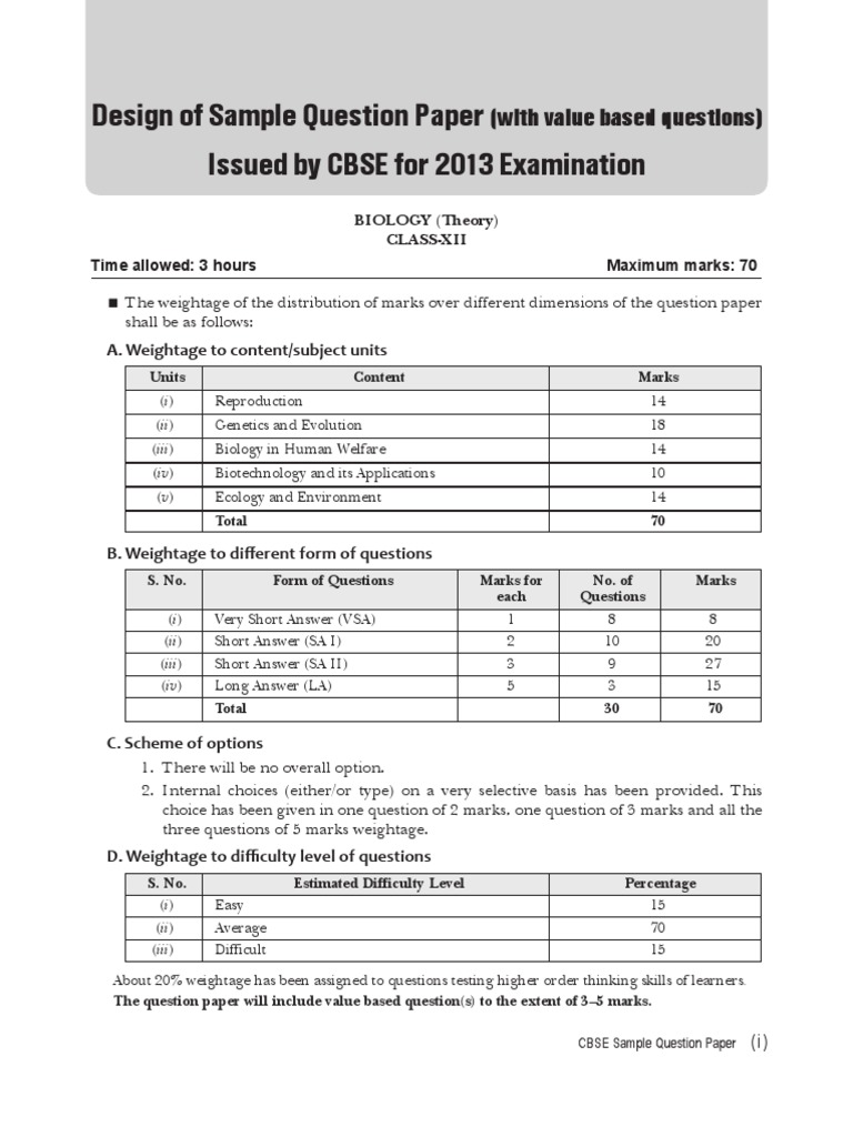 Design of Sample Question Paper Issued by CBSE For 2013 Examination | PDF