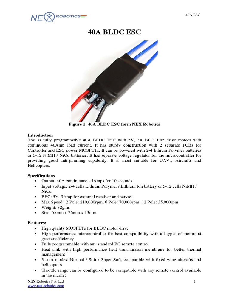 Figure 1 40a bldc esc form nex robotics pdf electrical engineering