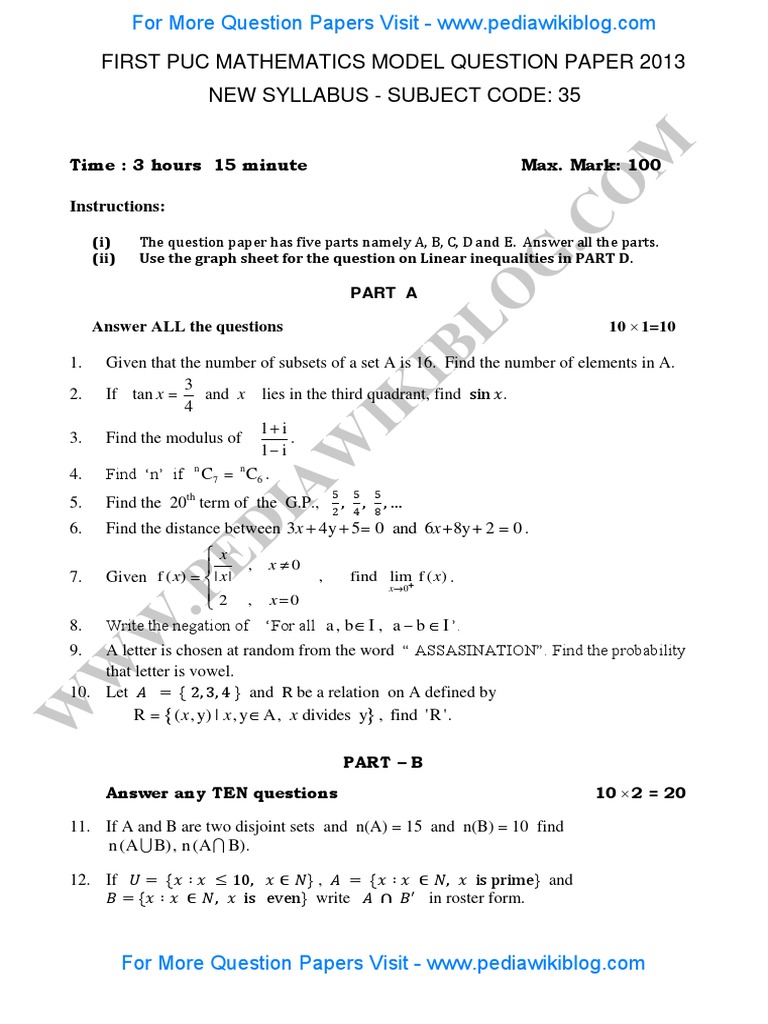 First PUC Math Model Paper 2013 | PDF | Teaching Methods & Materials ...