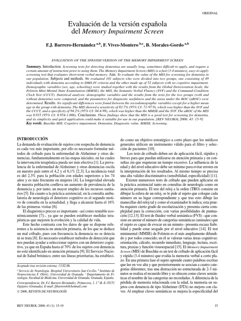 Evaluación de La Versión Española Del Memory Impairment Screen | PDF ...