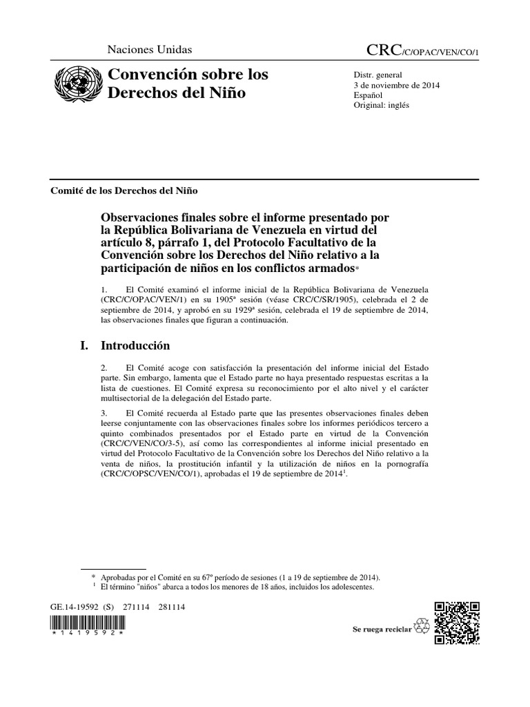 Observaciones Finales Protocolo Adicional CRC | PDF | Naciones Unidas ...