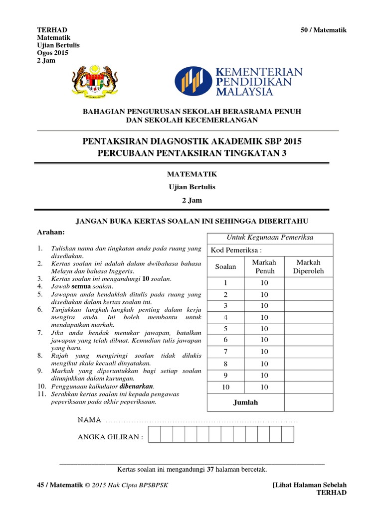 Percubaan PT3 Tahun 2015 Matematik - SBP