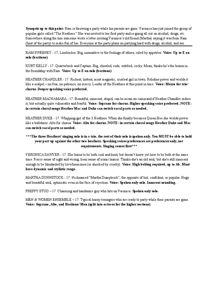 Heathers Character Analysis PDF Singing Vocal Music