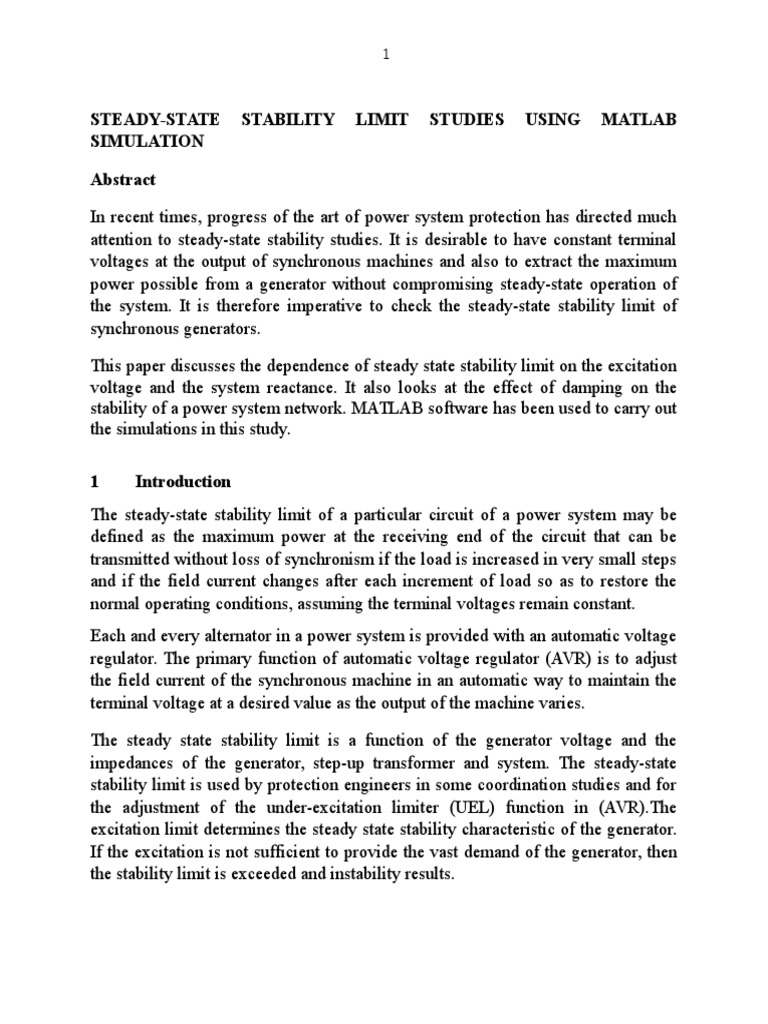 SteadyState Stability Limit Studies Using Matlab Simulation PDF