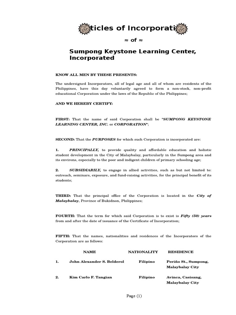 Articles of Incorporation (Sample) Corporations Justice