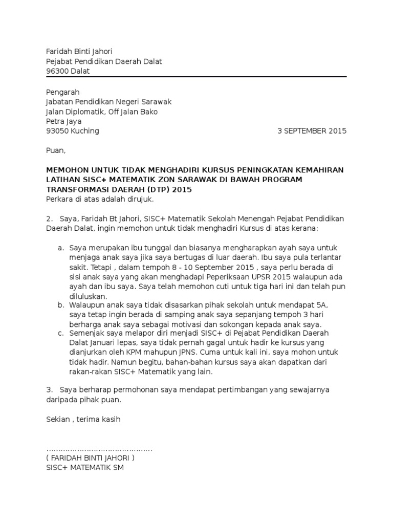 Surat Kebenaran Mengadakan Kursus Di Hotel Kurang Daripada 25Km
