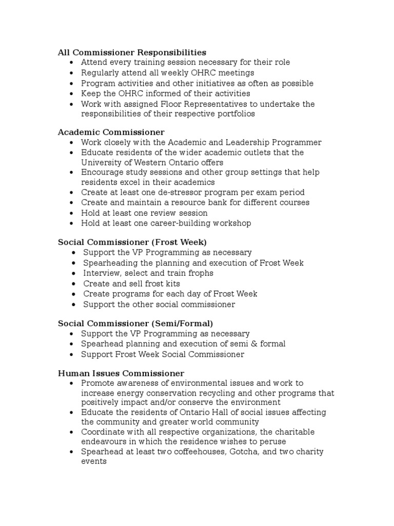Commissioner Role Overview and Duties | PDF | Conservation | Business