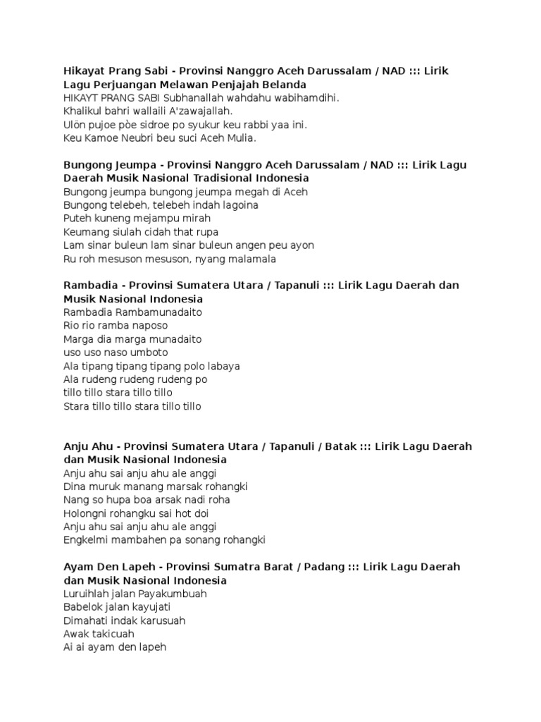 Hikayat Prang Sabi Provinsi Nanggro Aceh Darussalam Nad Lirik