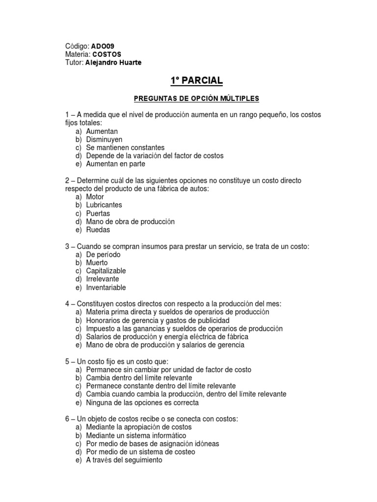 Parcial 1 y 2 de Costos PM | PDF | Costo | Negocios económicos