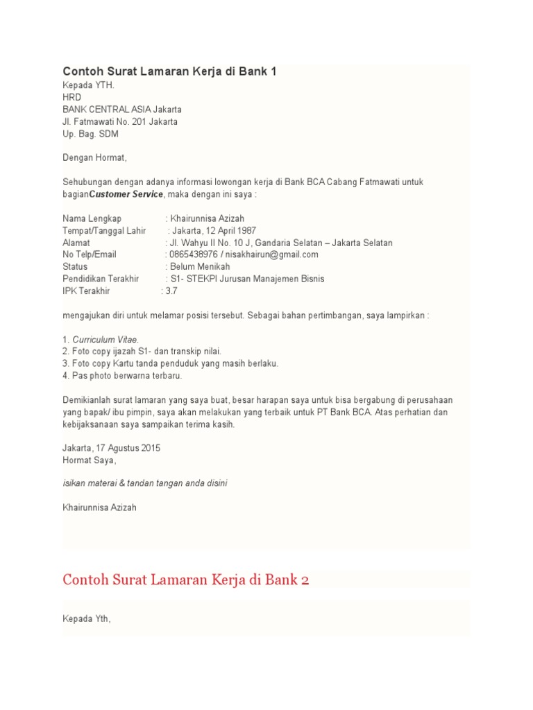 Format Surat Lamaran Kerja Di Bank Bca - Kumpulan Contoh Surat