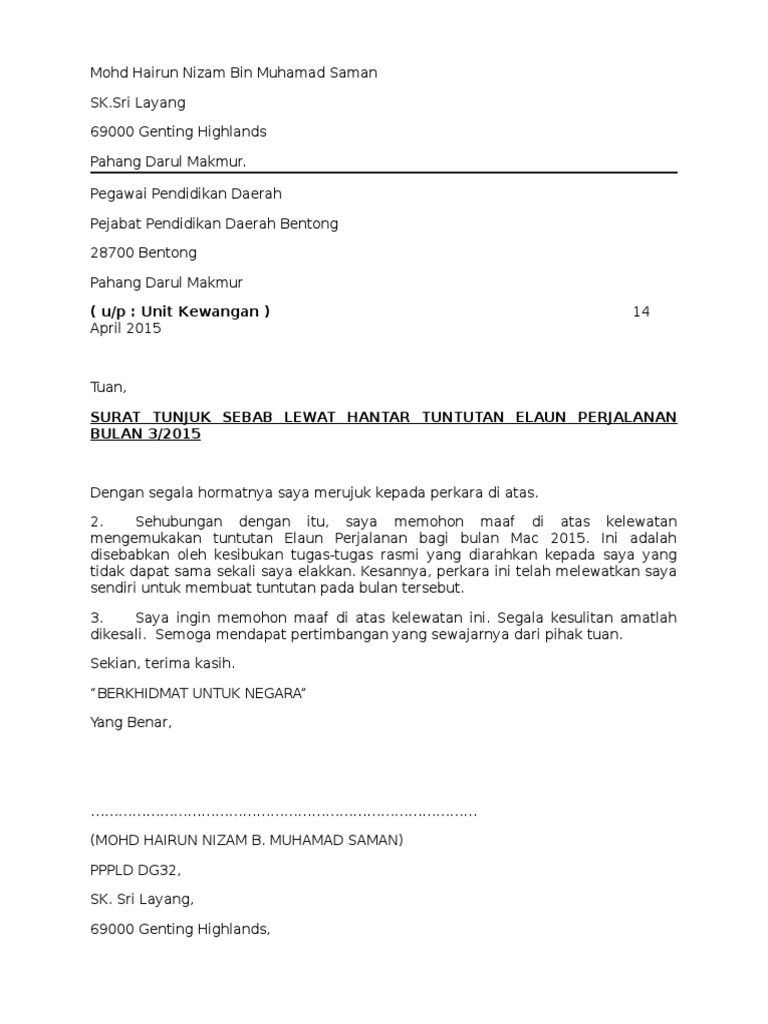 Contoh Surat Tunjuk Sebab Kesalahan Yang Berlaku