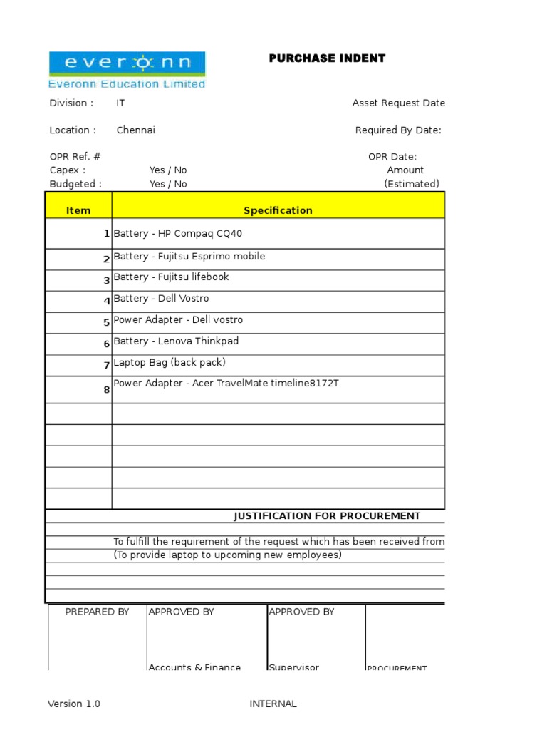Chennai IT Purchase Indent Form | PDF