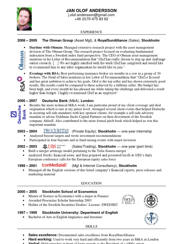 Cv Of Olof Andersson Mergers And Acquisitions Sweden
