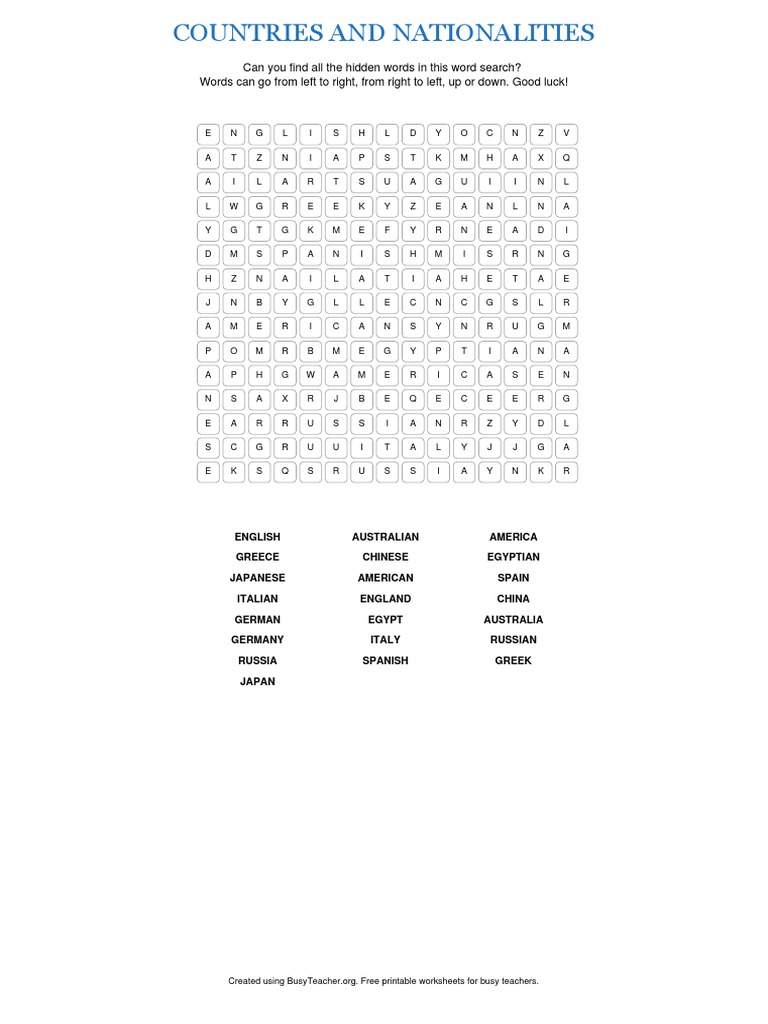 countries and nationalities word search pdf