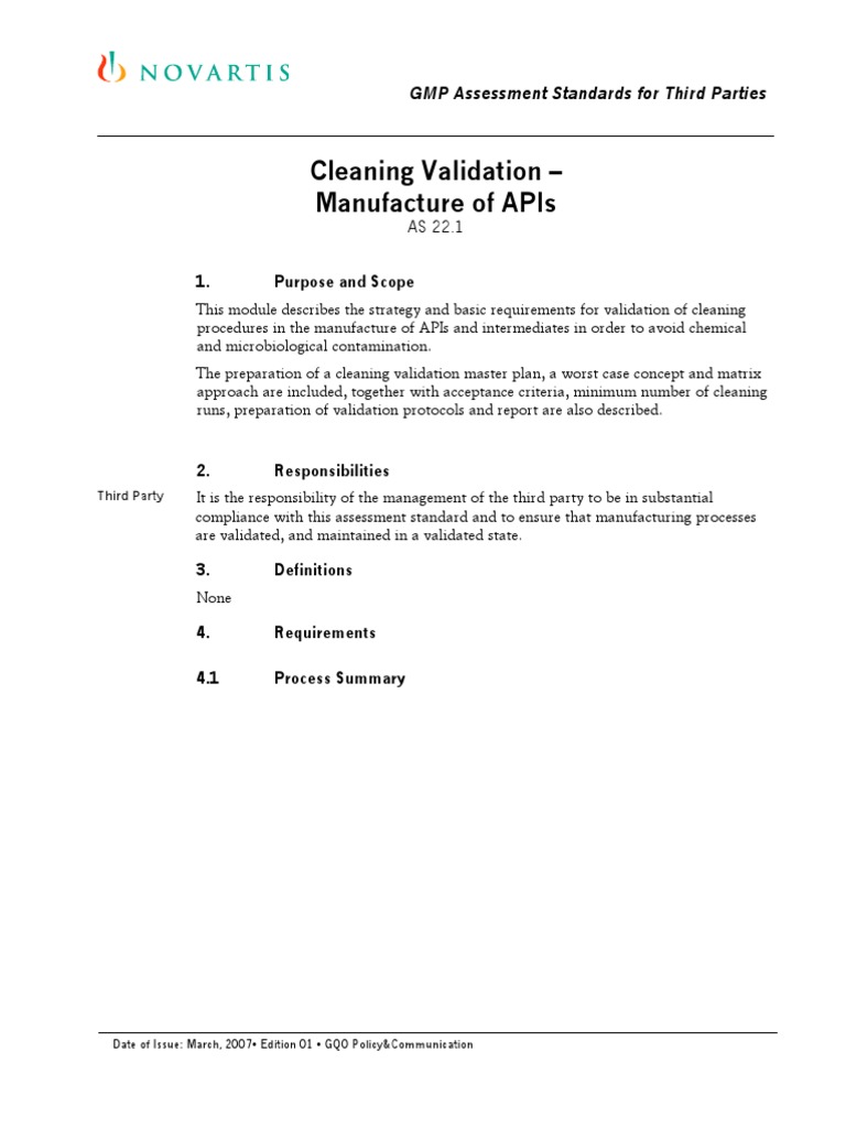 Cleaning Validation SOP Novartis PDF PDF