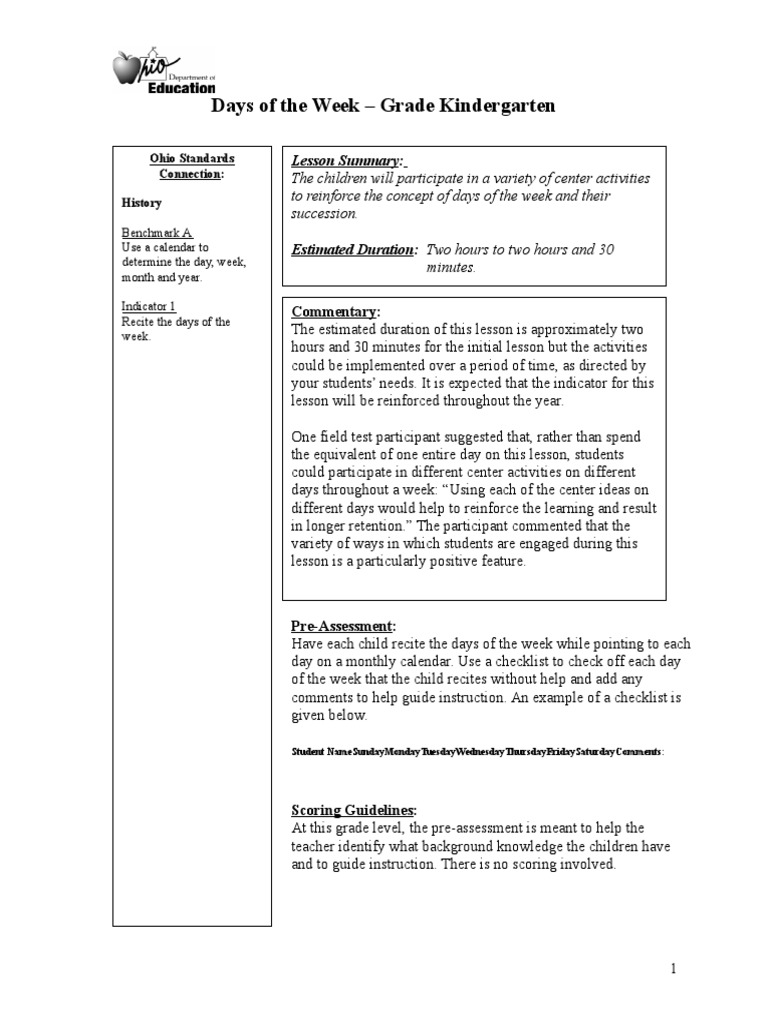 Kindergarten Days of the Week Lesson Plan | PDF | Learning ...