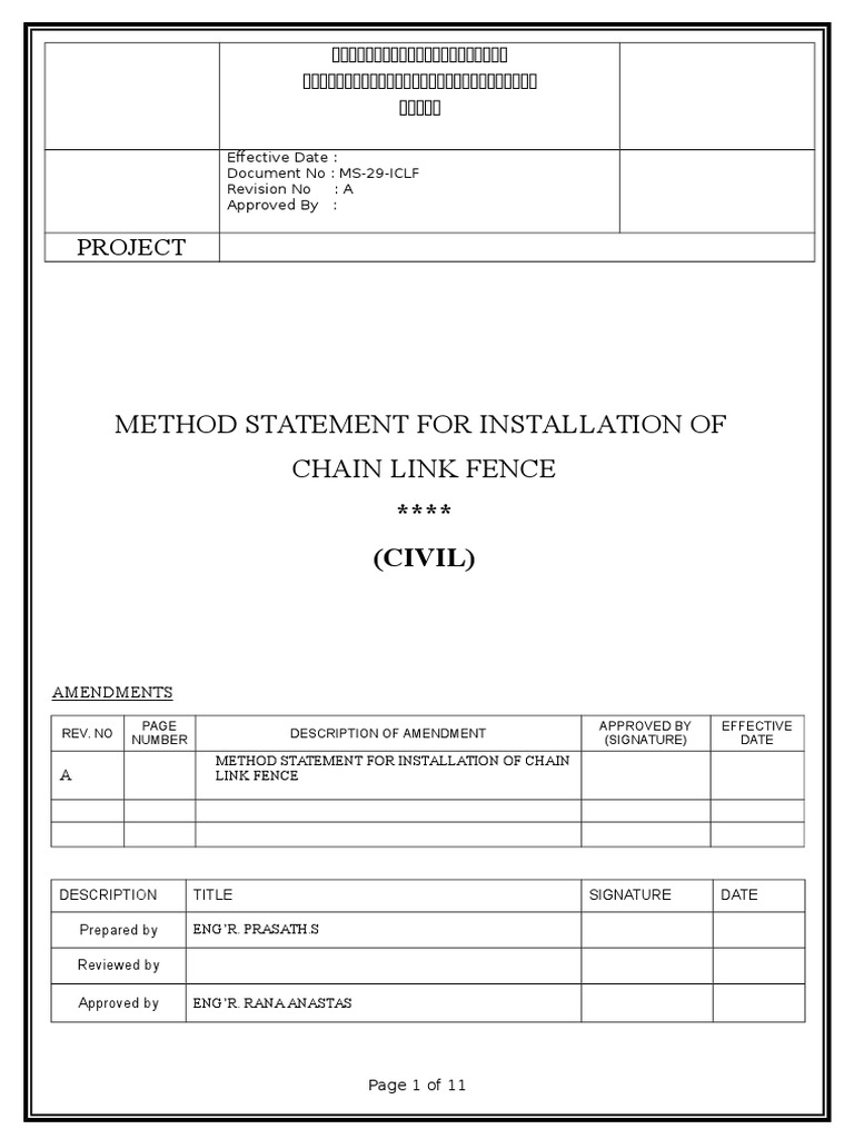 Method Statement For Installation of Chain Link Fence Rev 0 PDF