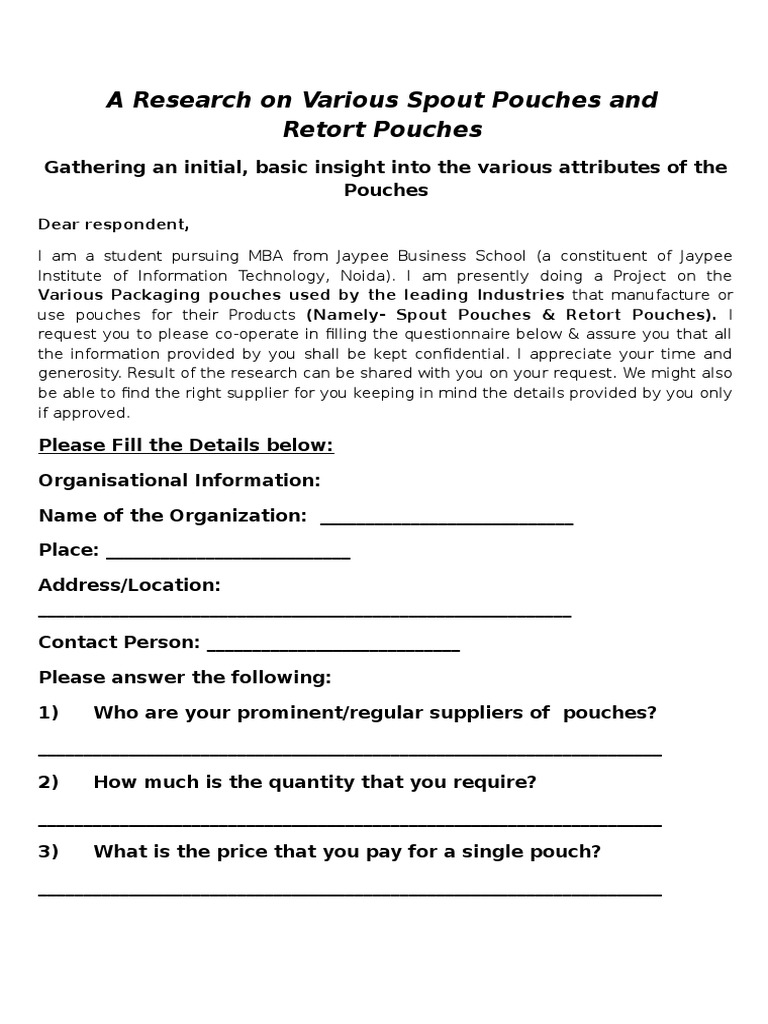 Spout and Retort Pouch Research Survey | PDF