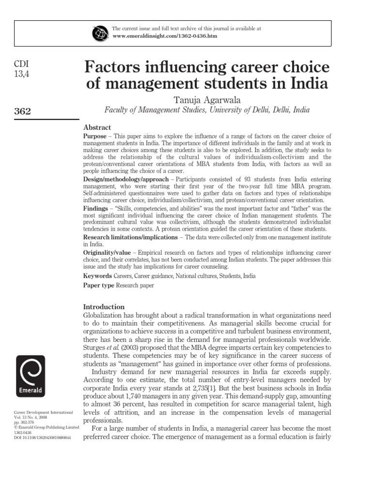 Factors Influencing Career Choice of Management Students in India PDF ...