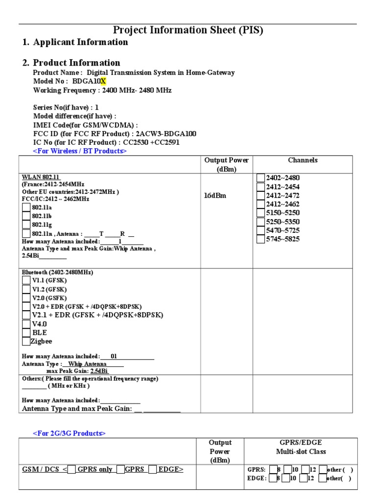 Project Information Sheet (PIS) : 1. Applicant Information 2. Product ...