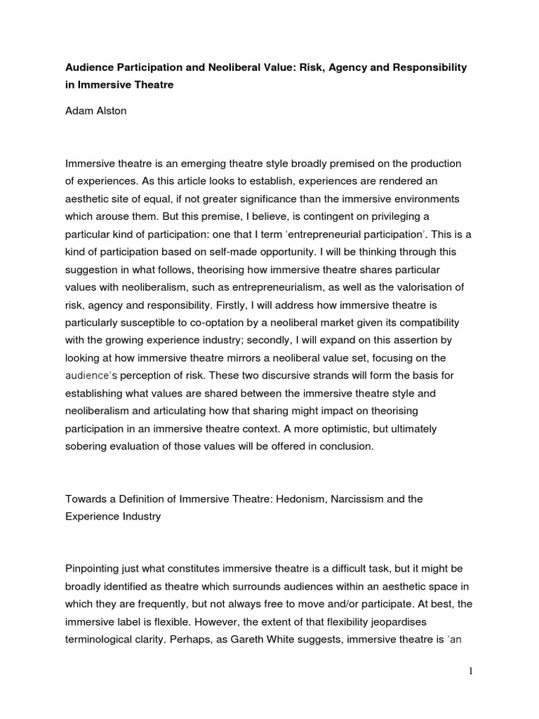 Immersive Theatre and Neoliberal Values | PDF | Risk | Entrepreneurship