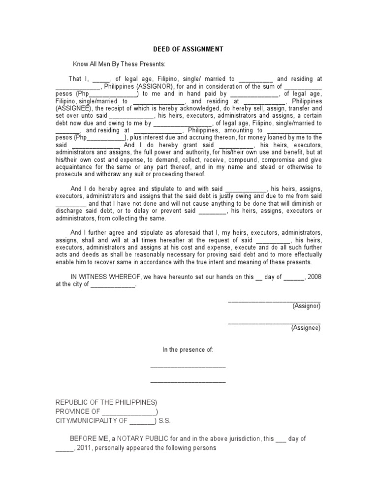 bank deed of assignment