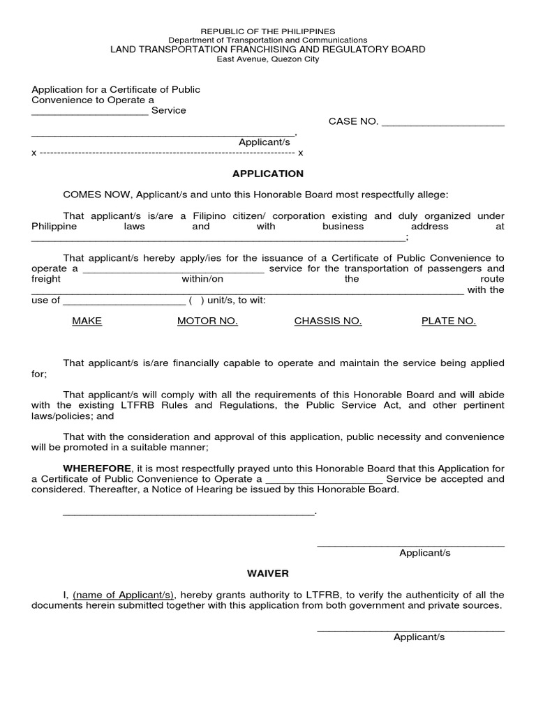 LTFRB CPC Application Form | PDF | Transport | Social Institutions