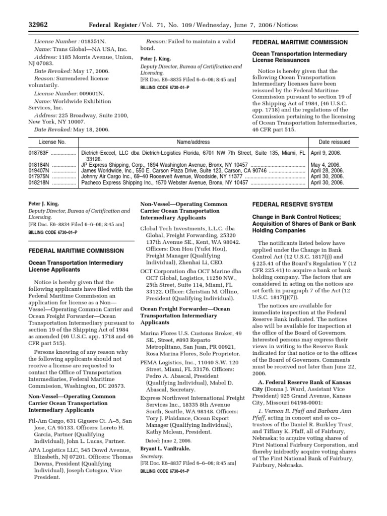 Notice: Ocean Transportation Intermediary Licenses: Fil-Am Cargo Et Al ...