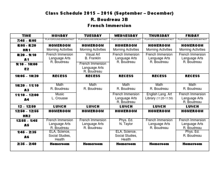 Class Schedule | PDF | Language Arts & Discipline