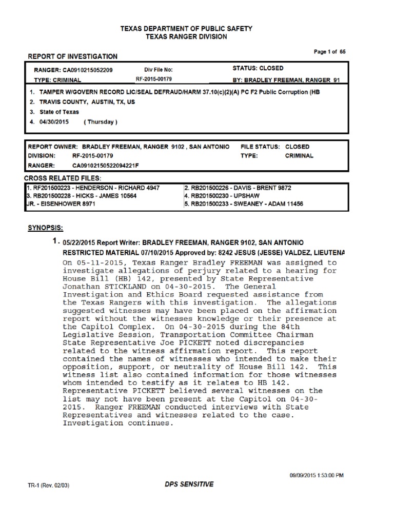 Main Texas Rangers Report On Stickland Investigation | PDF